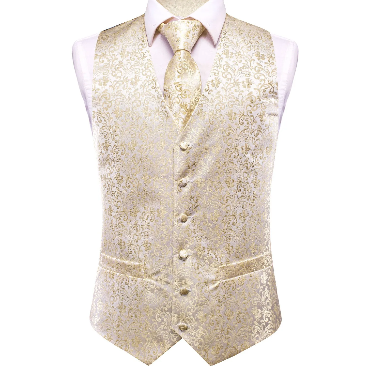 Champagne Beige Floral Jacquard Silk Men's Vest Hanky Cufflinks Tie Set