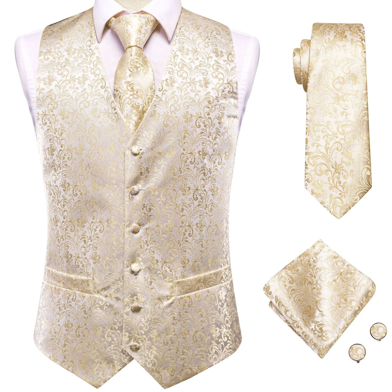 Champagne Beige Floral Jacquard Silk Men's Vest Hanky Cufflinks Tie Set