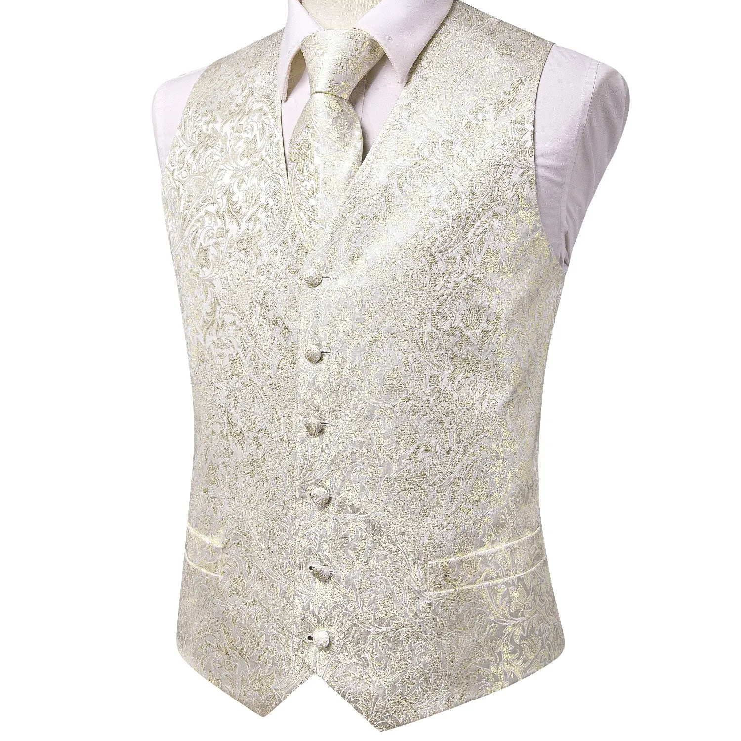 Champagne White Floral Jacquard Silk Men's Vest Hanky Cufflinks Tie Set