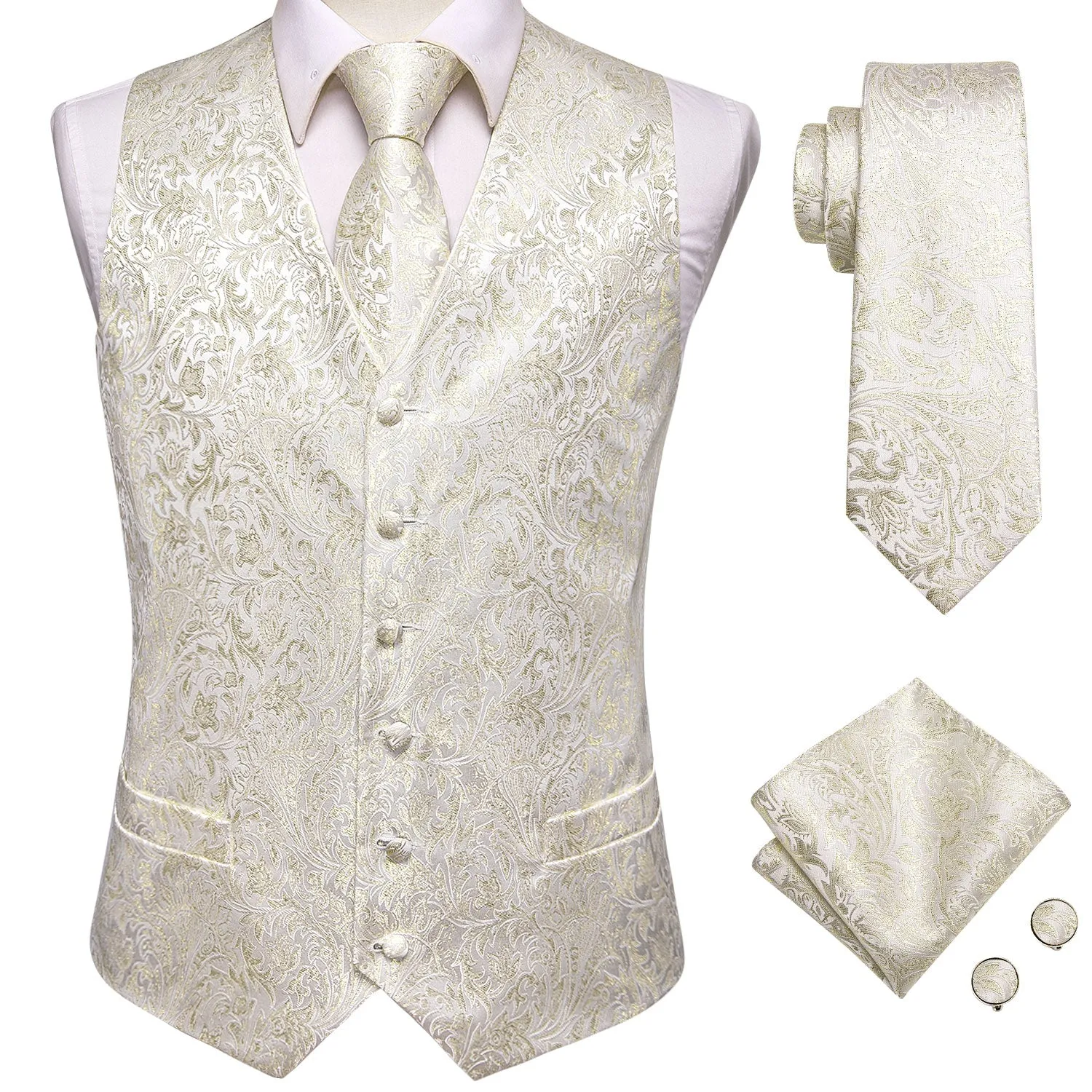 Champagne White Floral Jacquard Silk Men's Vest Hanky Cufflinks Tie Set