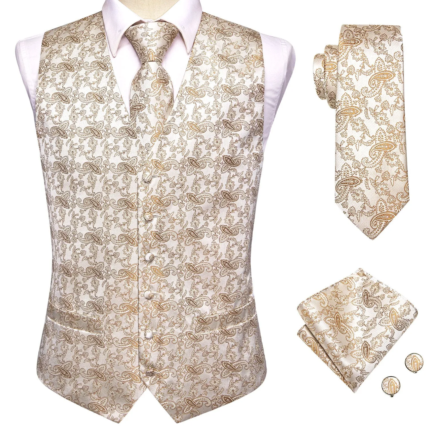 Champagne White Paisley Jacquard Silk Men's Vest Hanky Cufflinks Tie Set