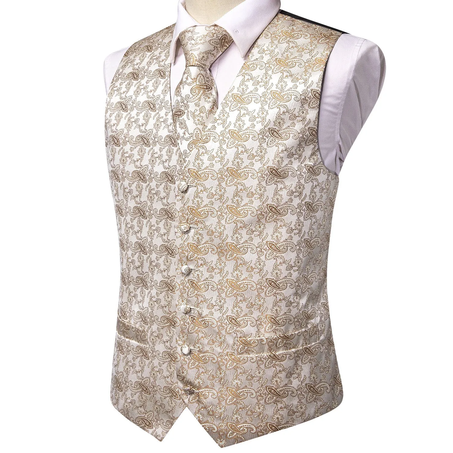 Champagne White Paisley Jacquard Silk Men's Vest Hanky Cufflinks Tie Set