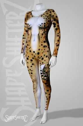 Cheetah Scoop Neck Bodysuit with Printed-On Tail | Faux Fur