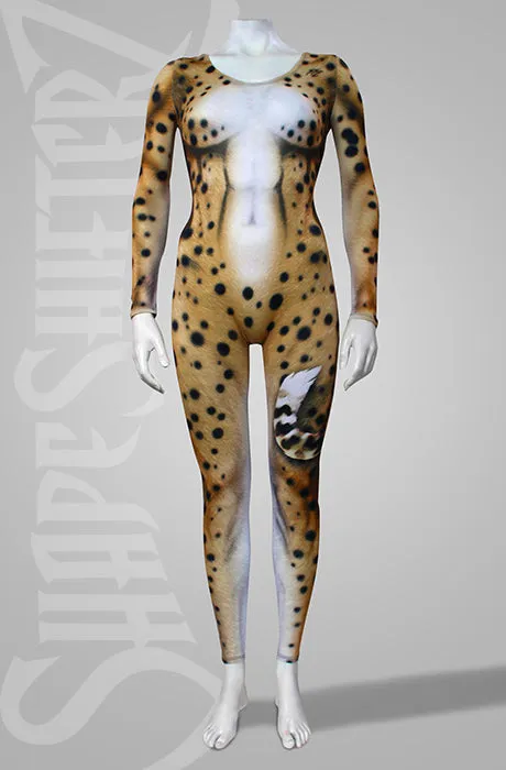 Cheetah Scoop Neck Bodysuit with Printed-On Tail | Faux Fur