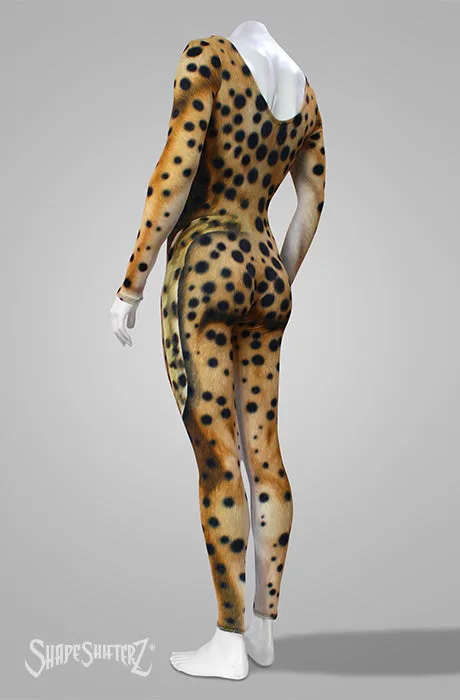 Cheetah Scoop Neck Bodysuit with Printed-On Tail | Faux Fur