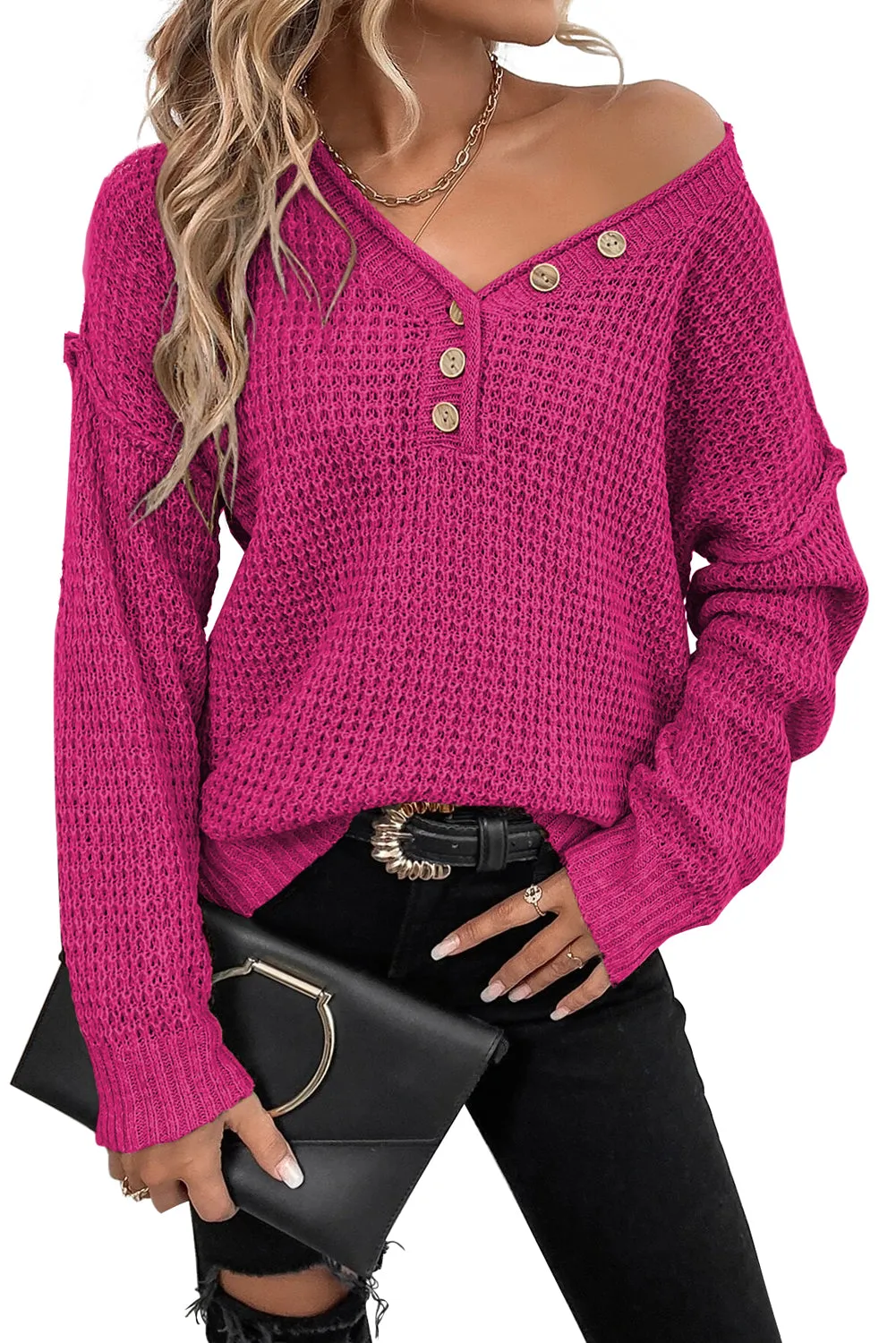 Chunky Waffle Buttoned V-Neck Sweater