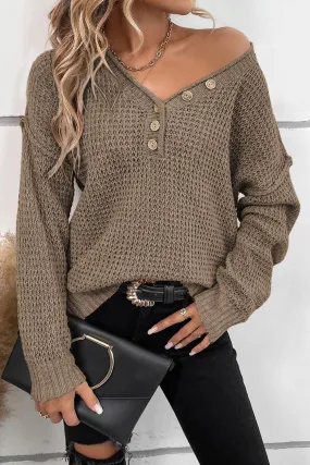 Chunky Waffle Buttoned V-Neck Sweater