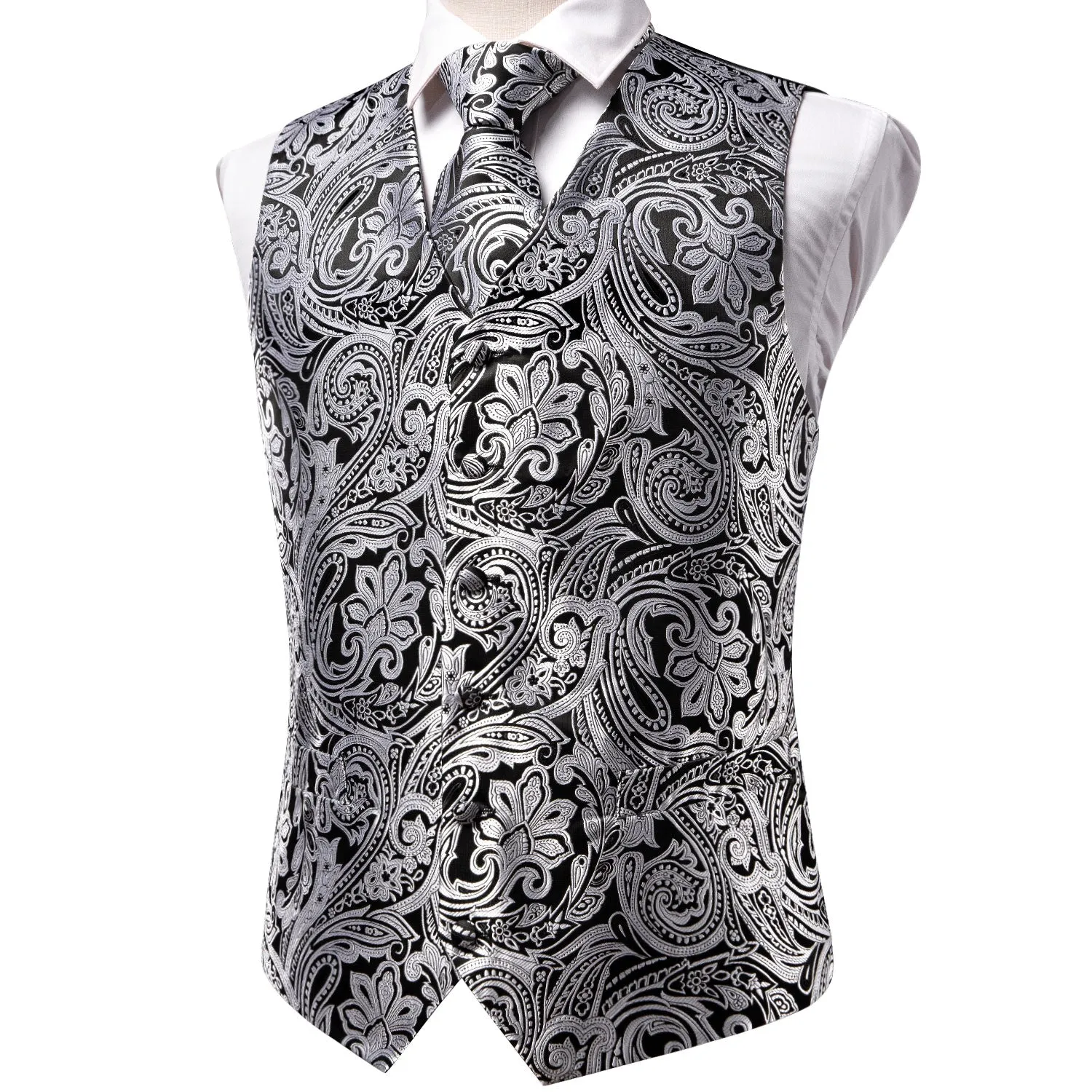 Classic Black Grey Paisley Silk Men's Vest Hanky Cufflinks Tie Set Waistcoat Suit Set