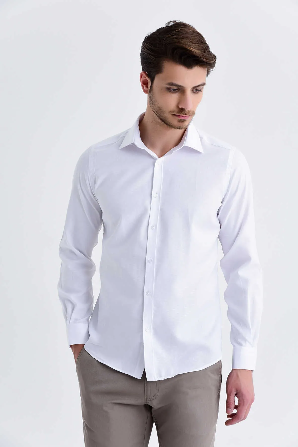 Classic Fit Plain Cotton Blend White Dress Shirt