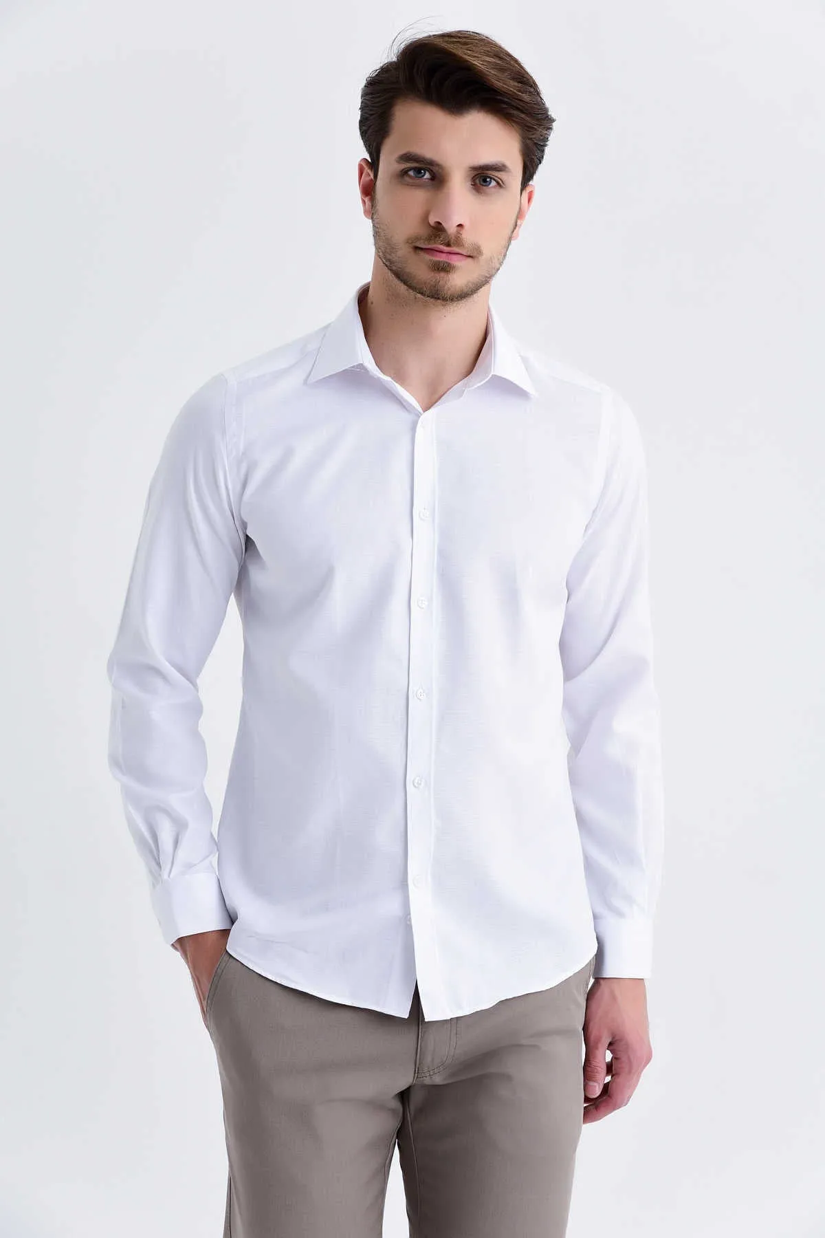 Classic Fit Plain Cotton Blend White Dress Shirt