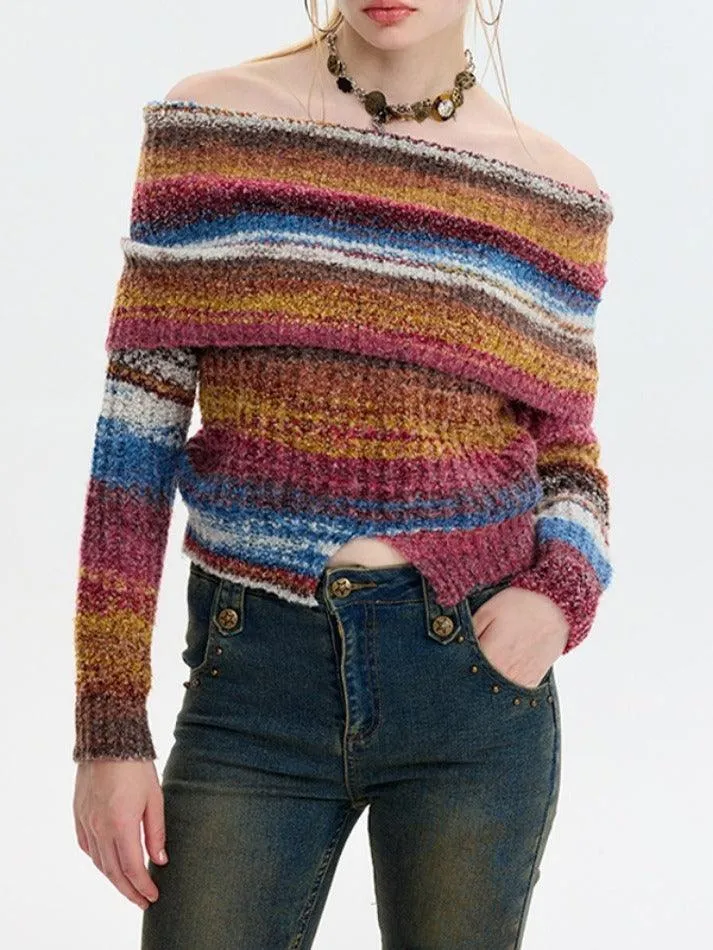 Colorful Stripe Off Shoulder Slit Slim Sweater