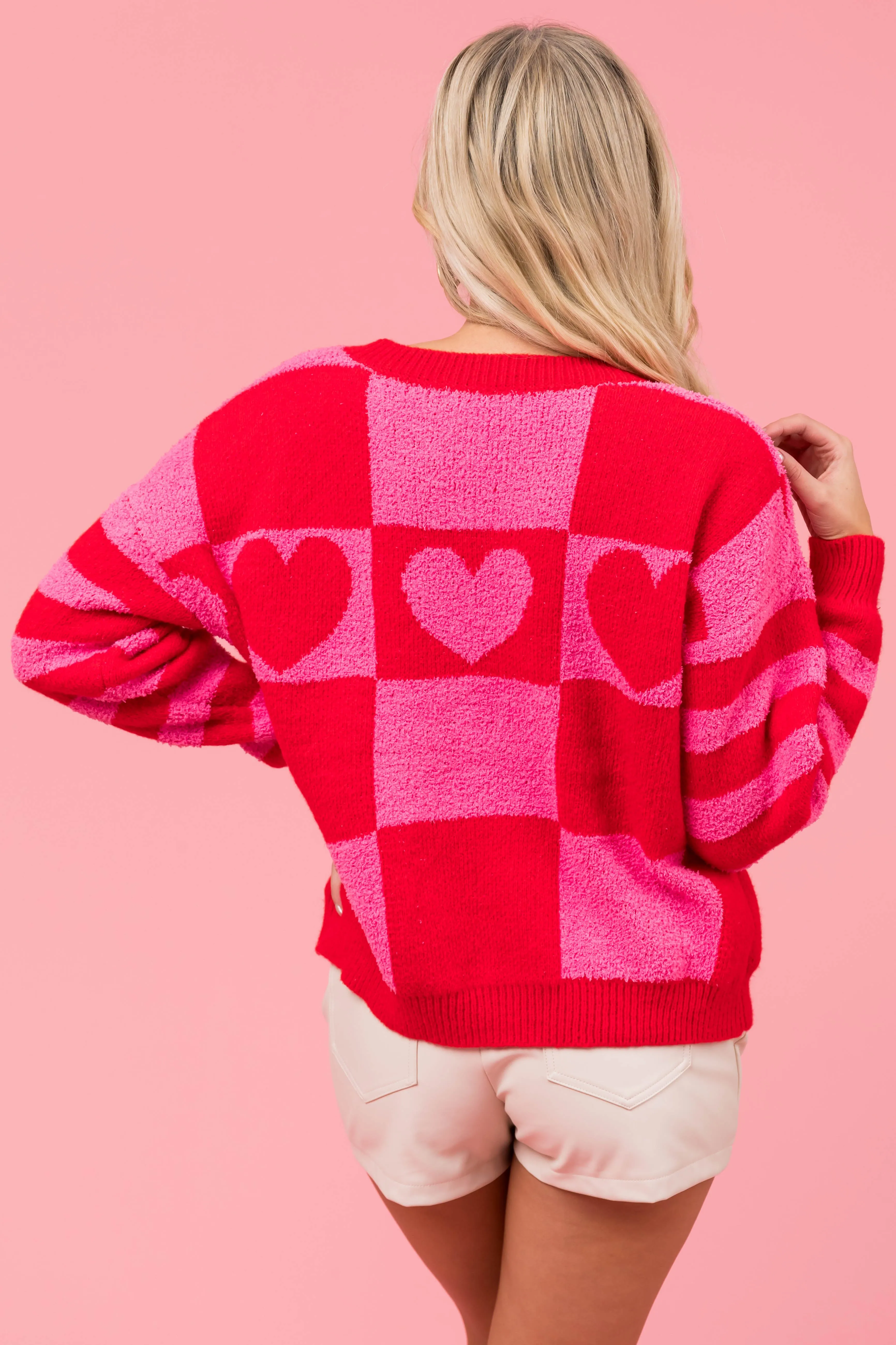 Crimson Checkered and Striped Heart Sweater