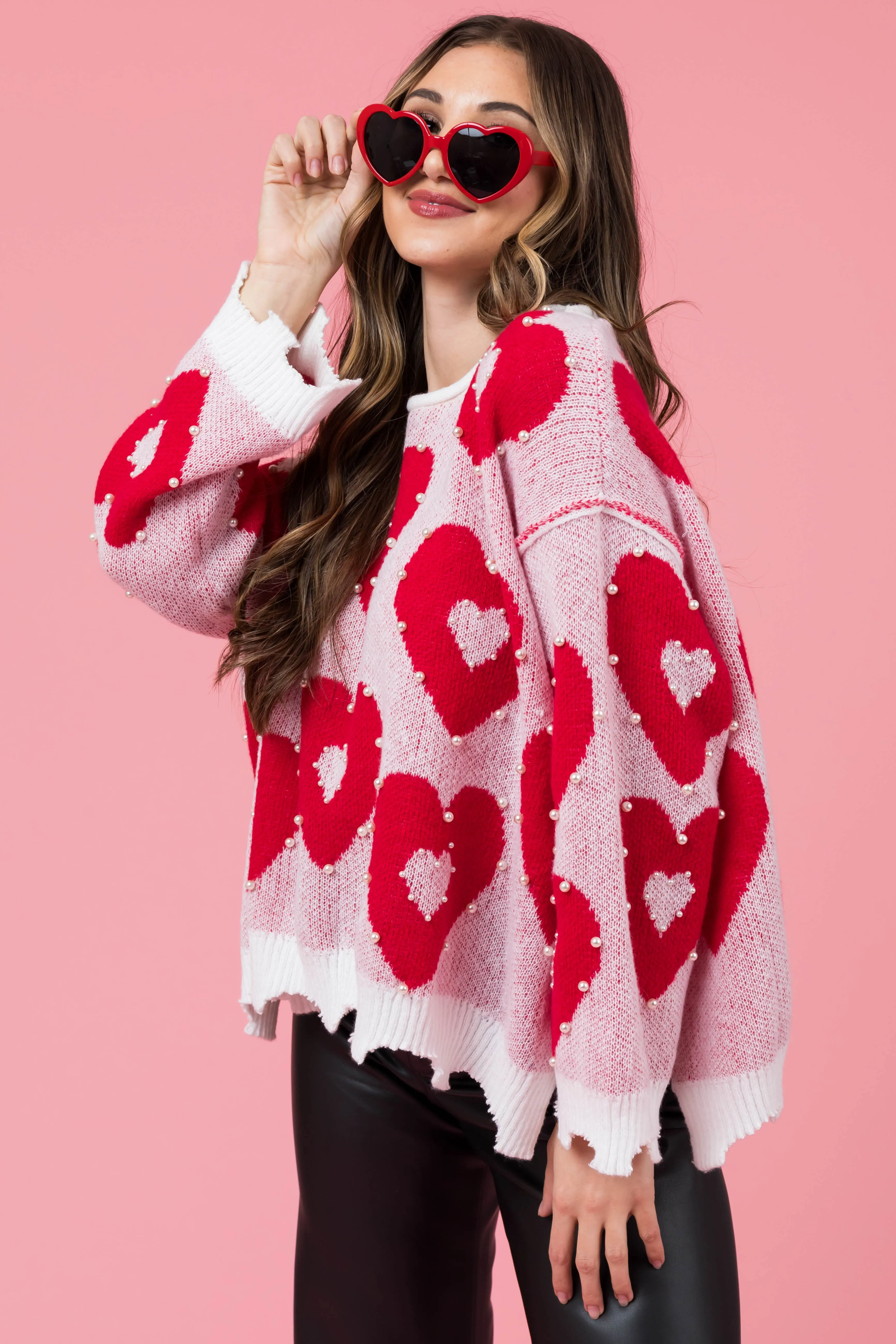 Crimson Heart Pattern with Pearl Detail Sweater