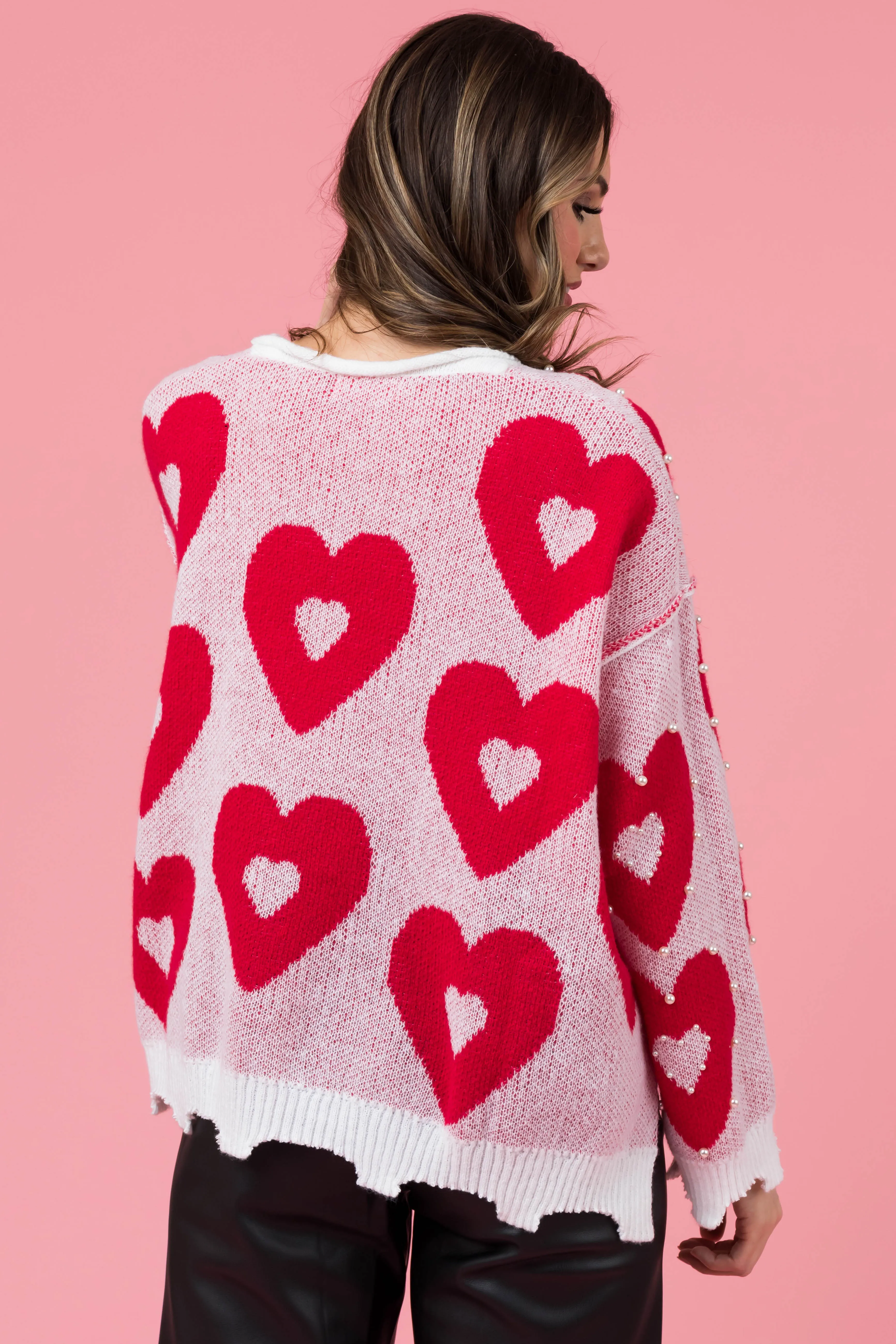 Crimson Heart Pattern with Pearl Detail Sweater