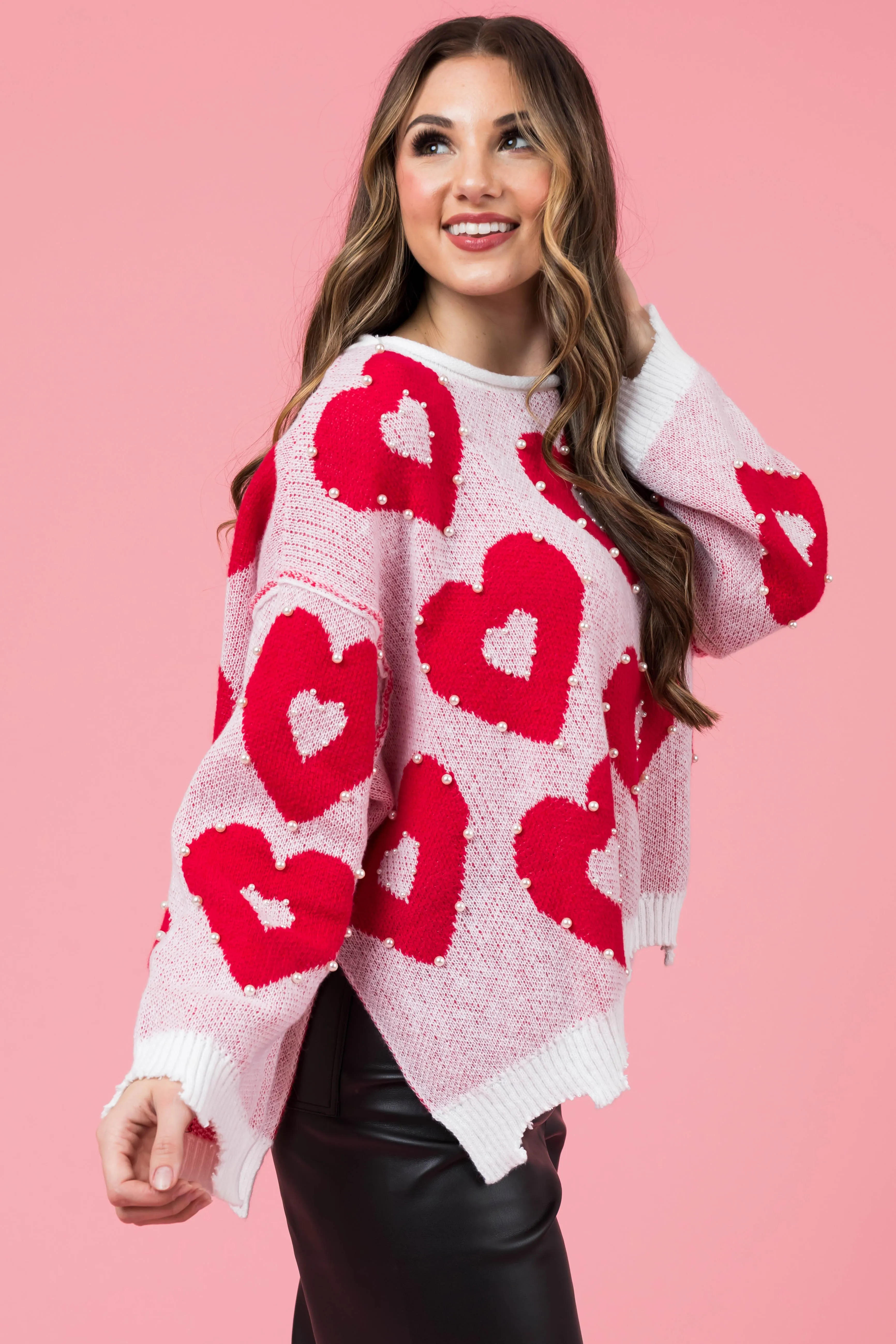 Crimson Heart Pattern with Pearl Detail Sweater