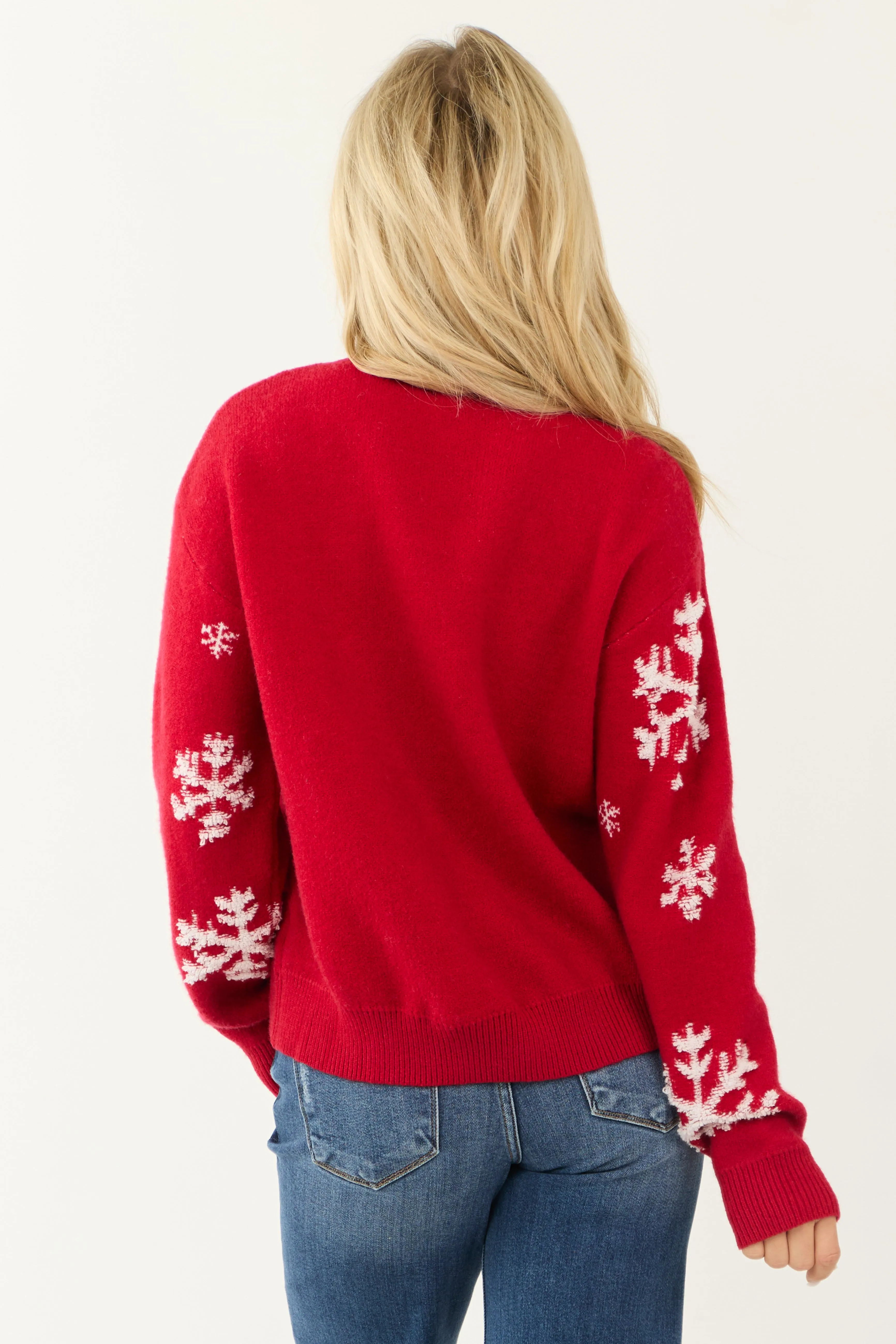 Crimson Snowflake Long Sleeve Knit Sweater