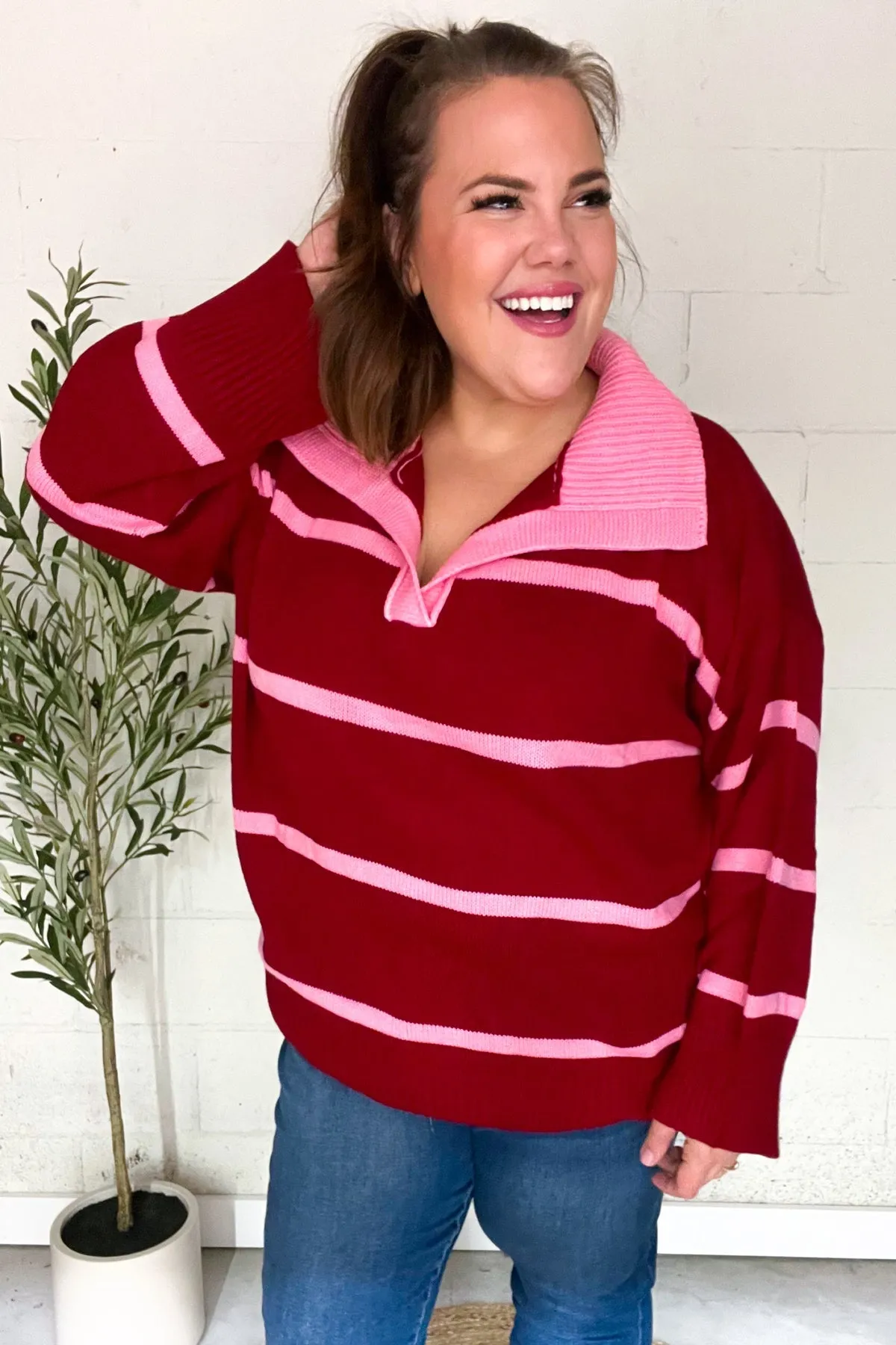 Crimson Stripe Notched Neck Collared Oversized Sweater