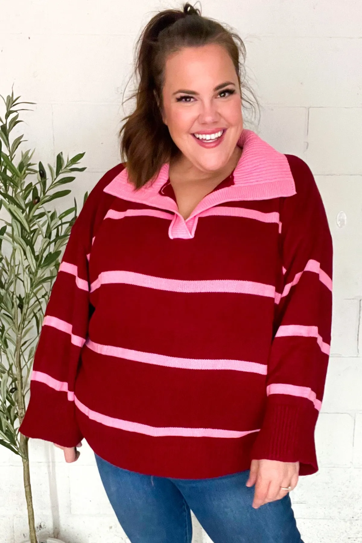 Crimson Stripe Notched Neck Collared Oversized Sweater