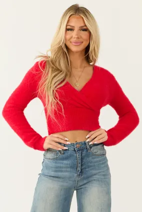 Crimson Surplice Wrap Eyelash Knit Sweater