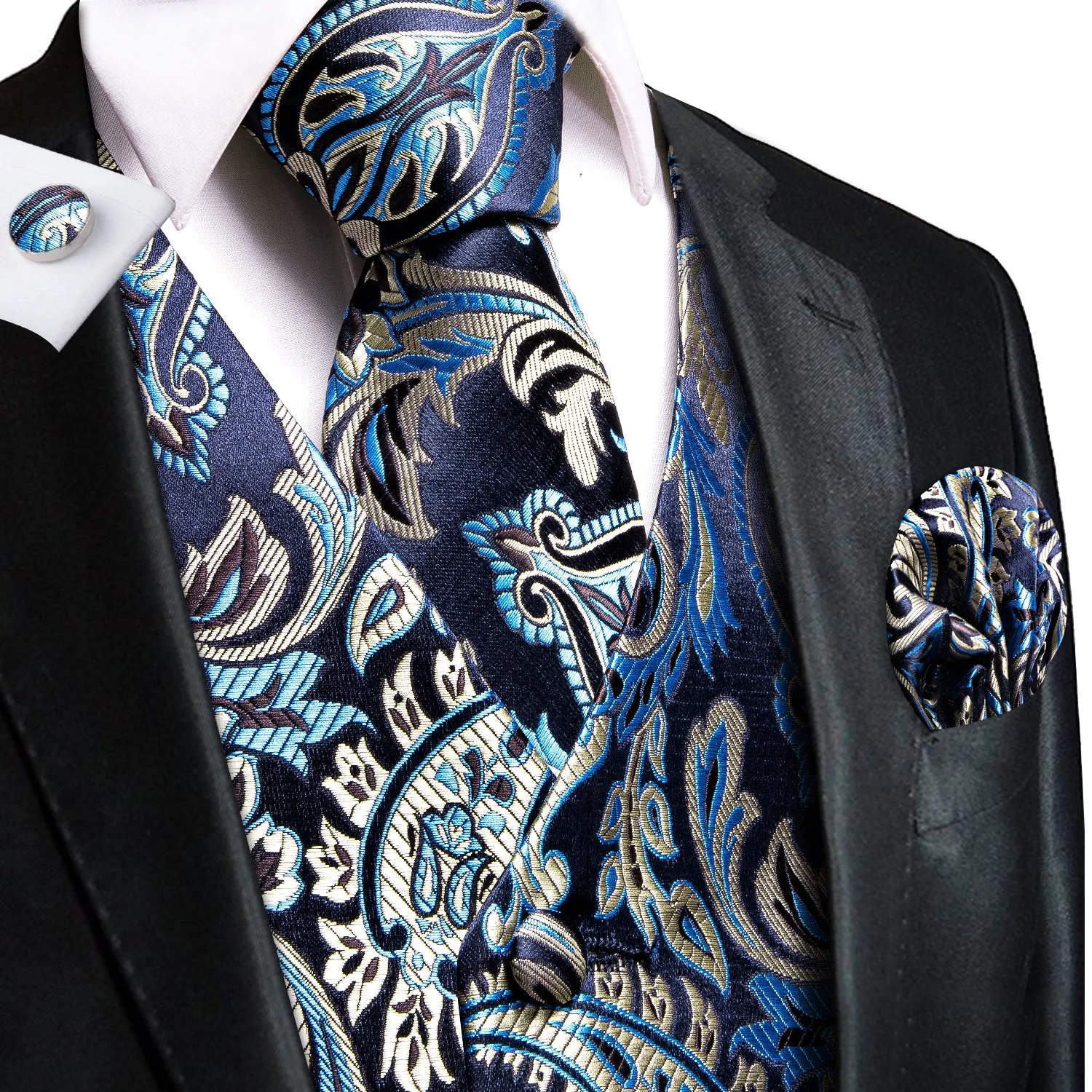 Dark Blue Champagne Paisley Silk Men's Vest Hanky Cufflinks Tie Set Waistcoat Suit Set