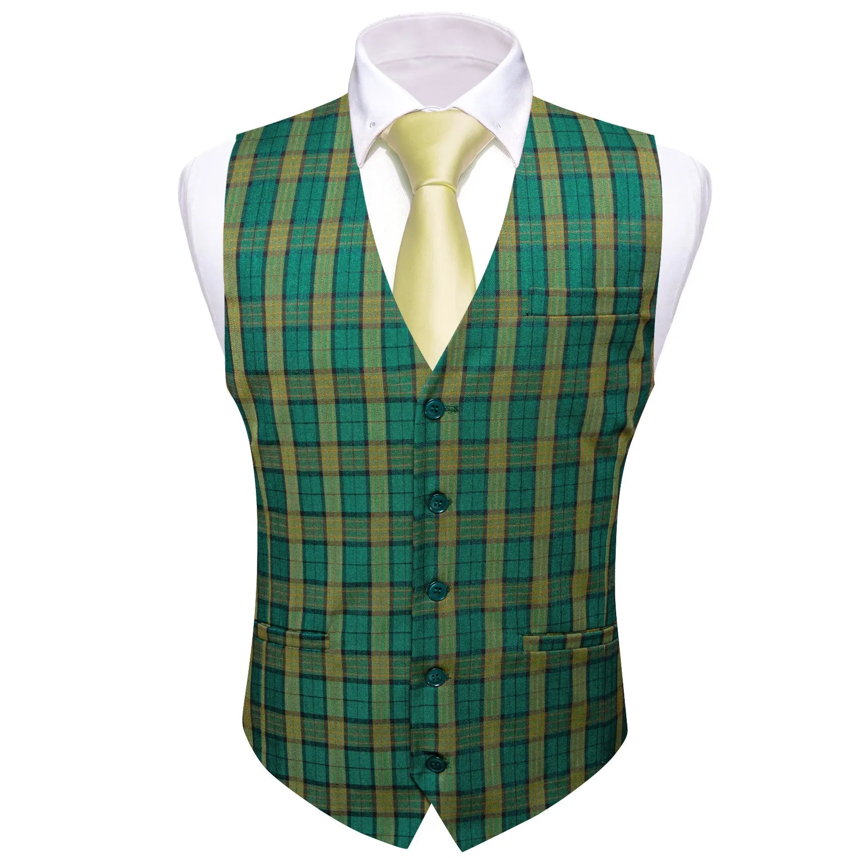 Deep Green Yellow Plaid Novelty Jacquard Men's Single Vest