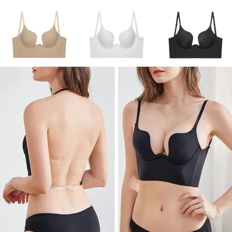 Deep U Plunge Push Up Backless Bra