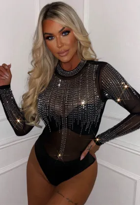 Divine Timing Black Mesh Diamond Hot Fix Bodysuit