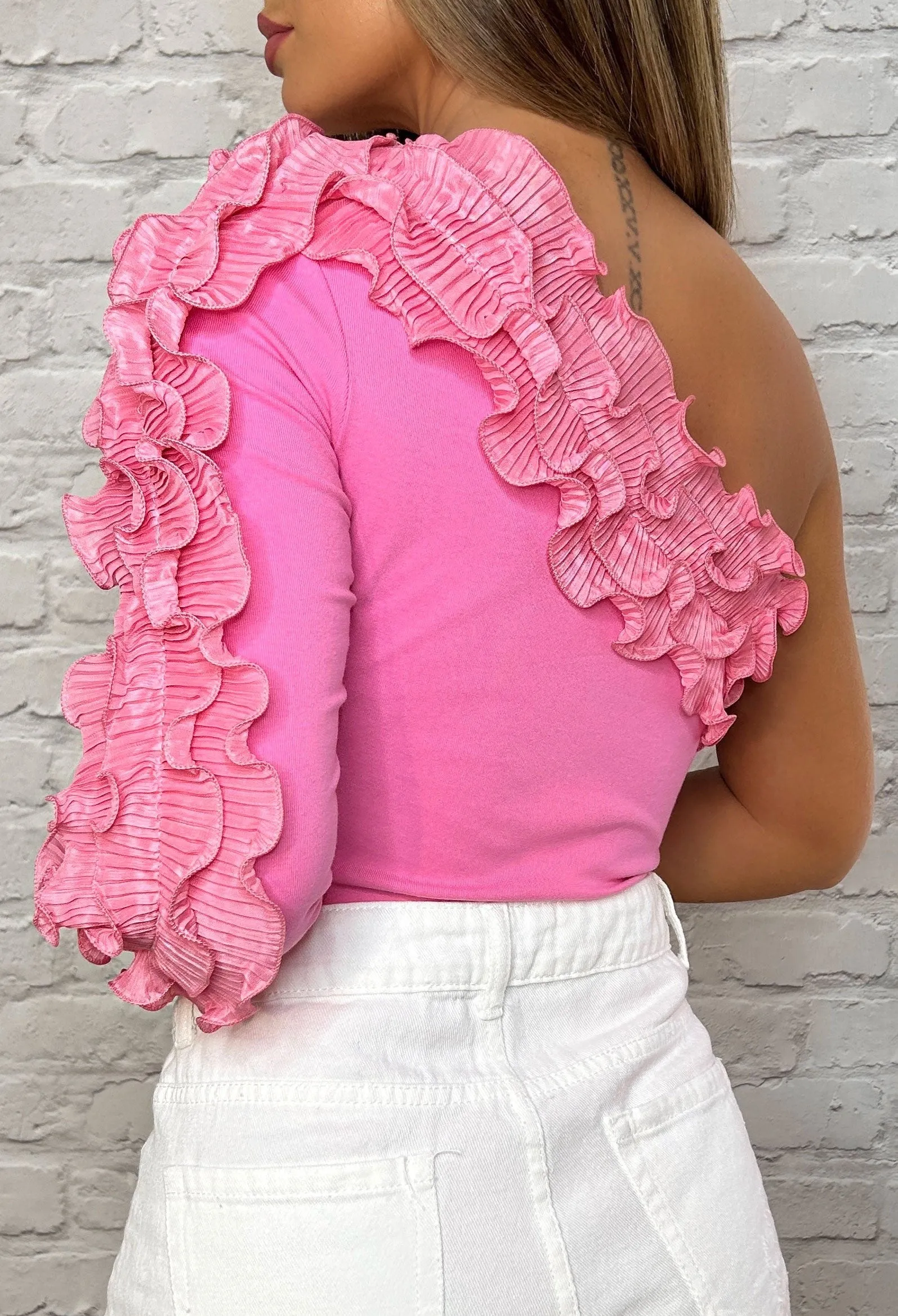 Doll Life Pink Ruffle One Shoulder Bodysuit