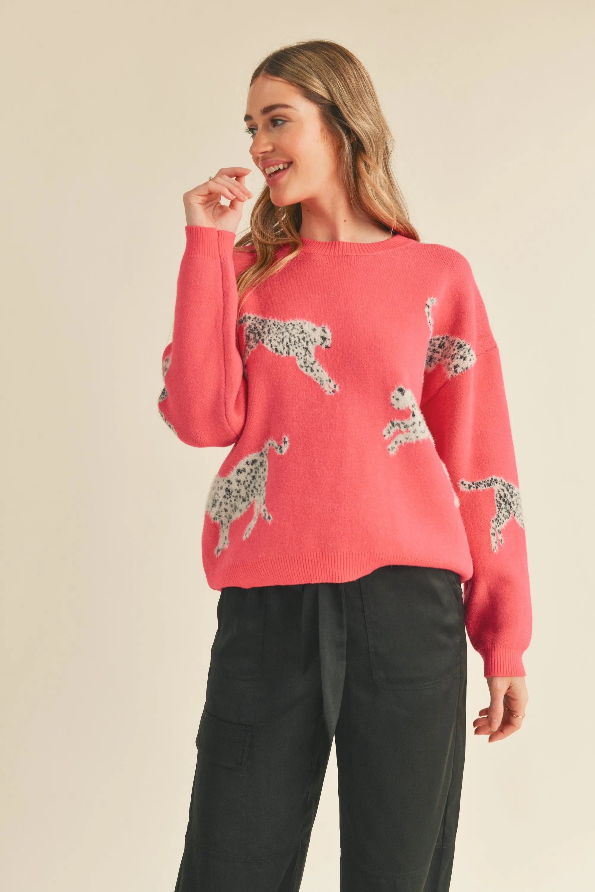 Electric Fuschia Leopard Knit Sweater