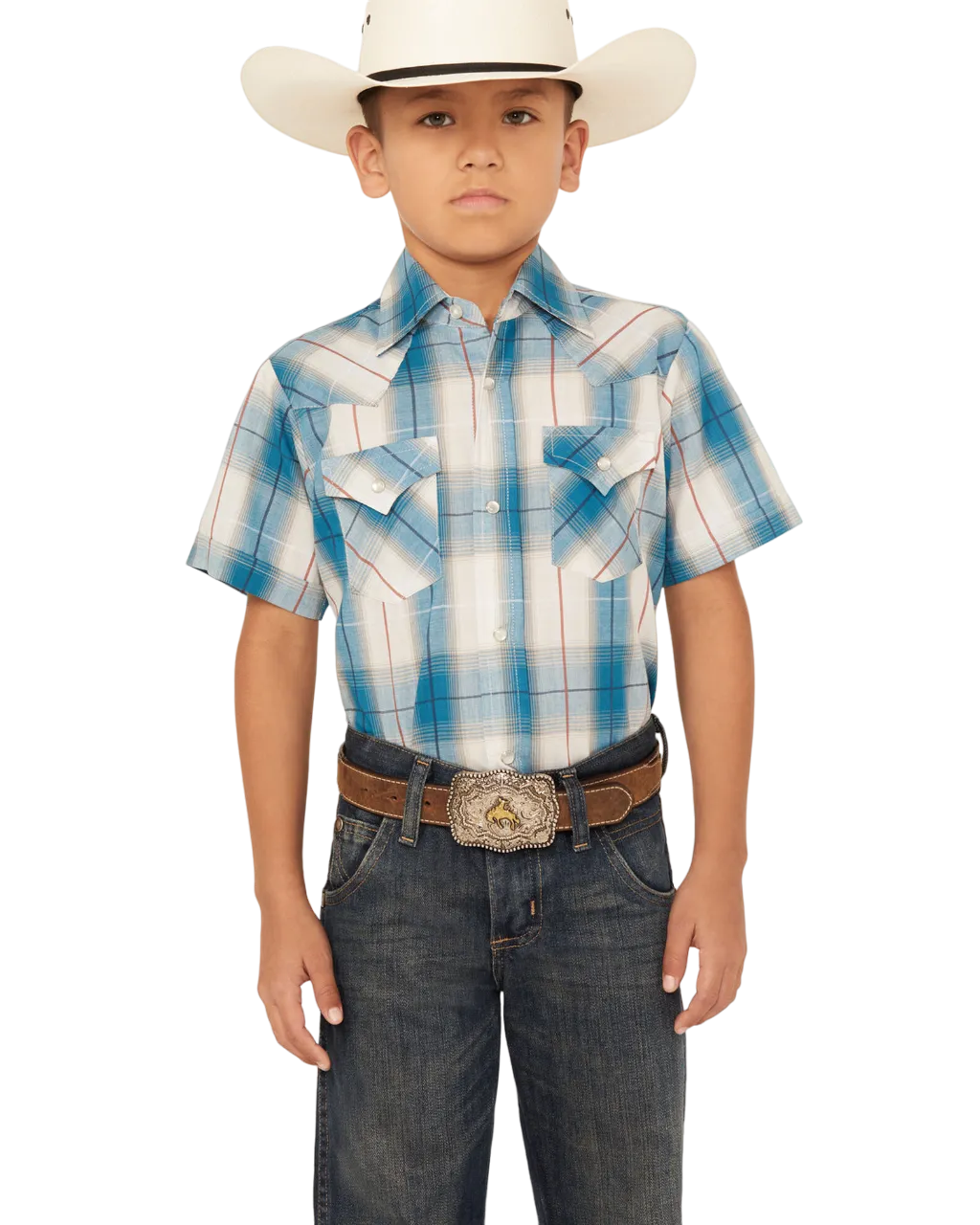 Ely Walker Kid's Textured Dobby  Plaid Print Short Sleeve Snap Western Shirt