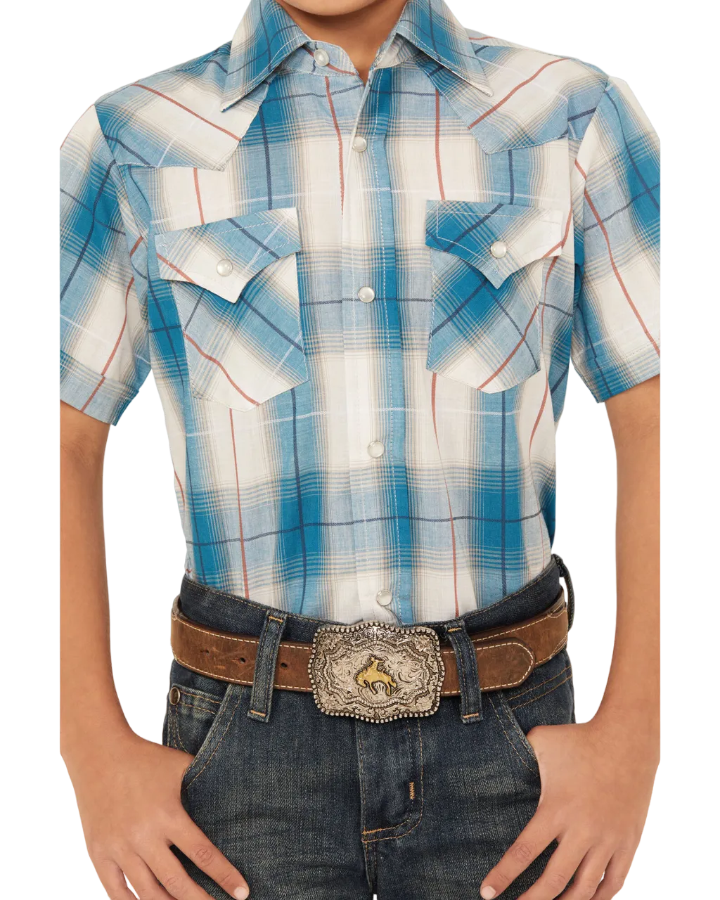 Ely Walker Kid's Textured Dobby  Plaid Print Short Sleeve Snap Western Shirt