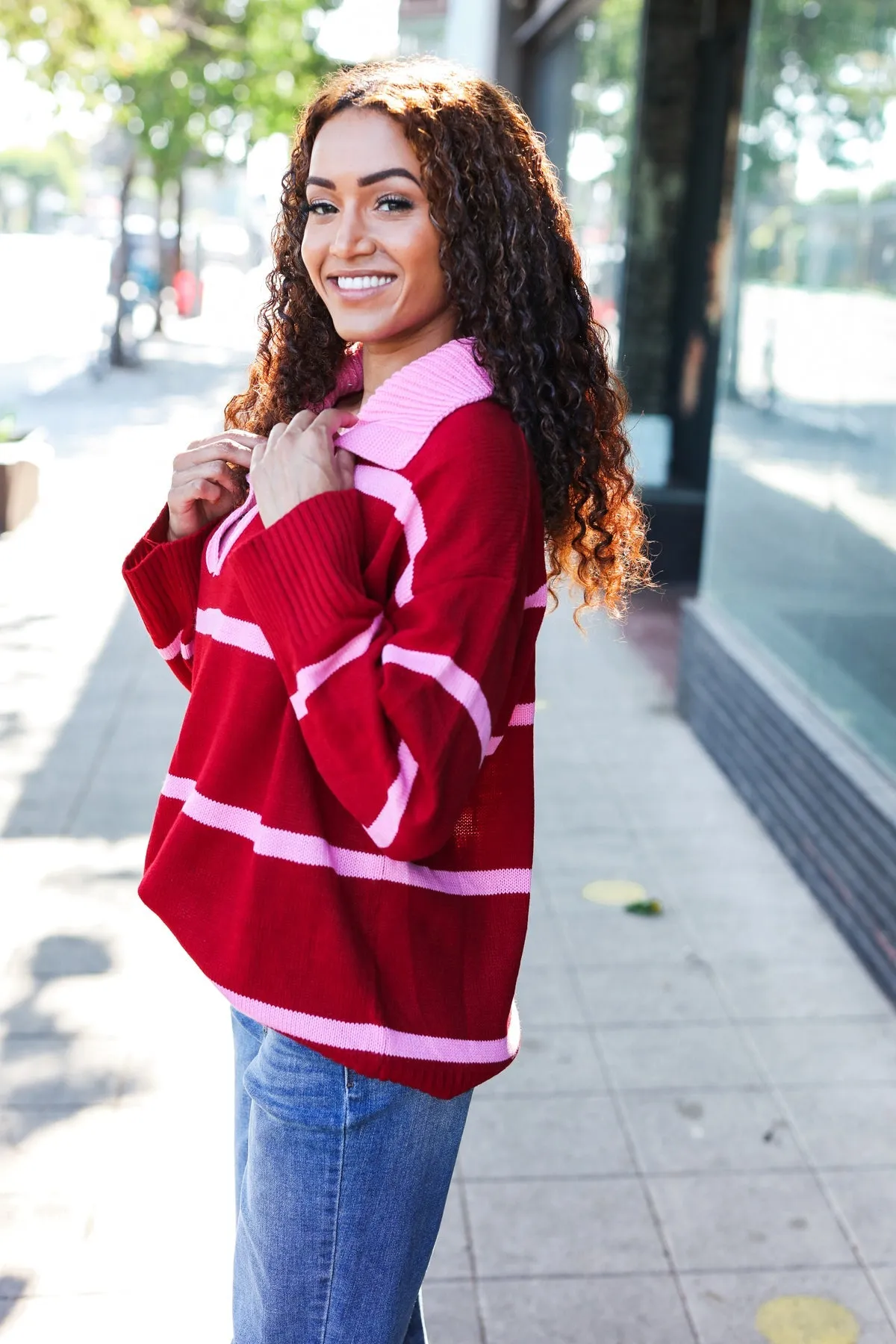 Fall For You Crimson Stripe Notched Neck Collared Oversized Sweater