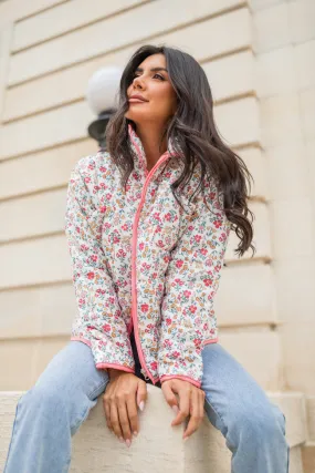 Field Of Florals Ivory and Pink Multi Quilted Floral Jacket SALE