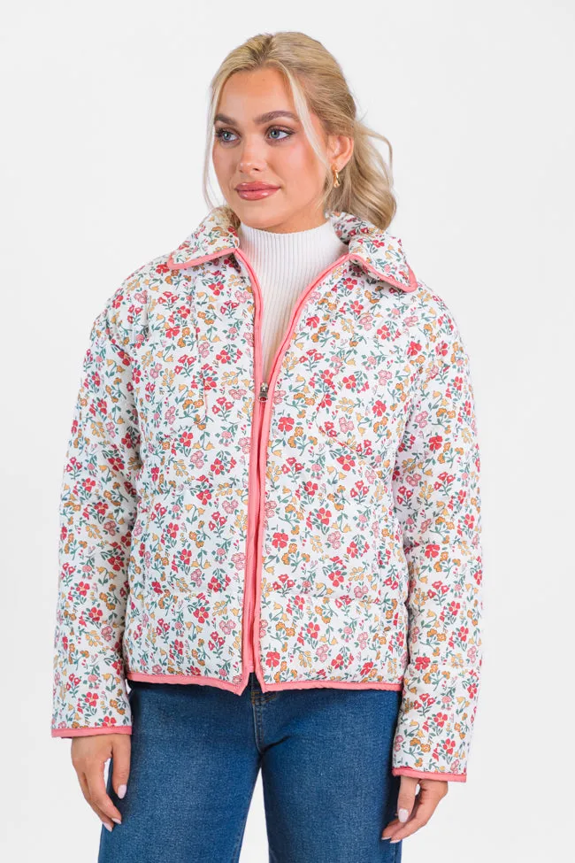 Field Of Florals Ivory and Pink Multi Quilted Floral Jacket