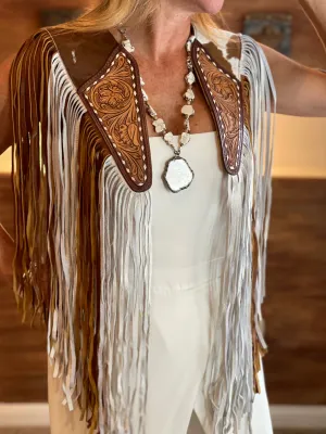 Fringe Leather Cape - White & Brown