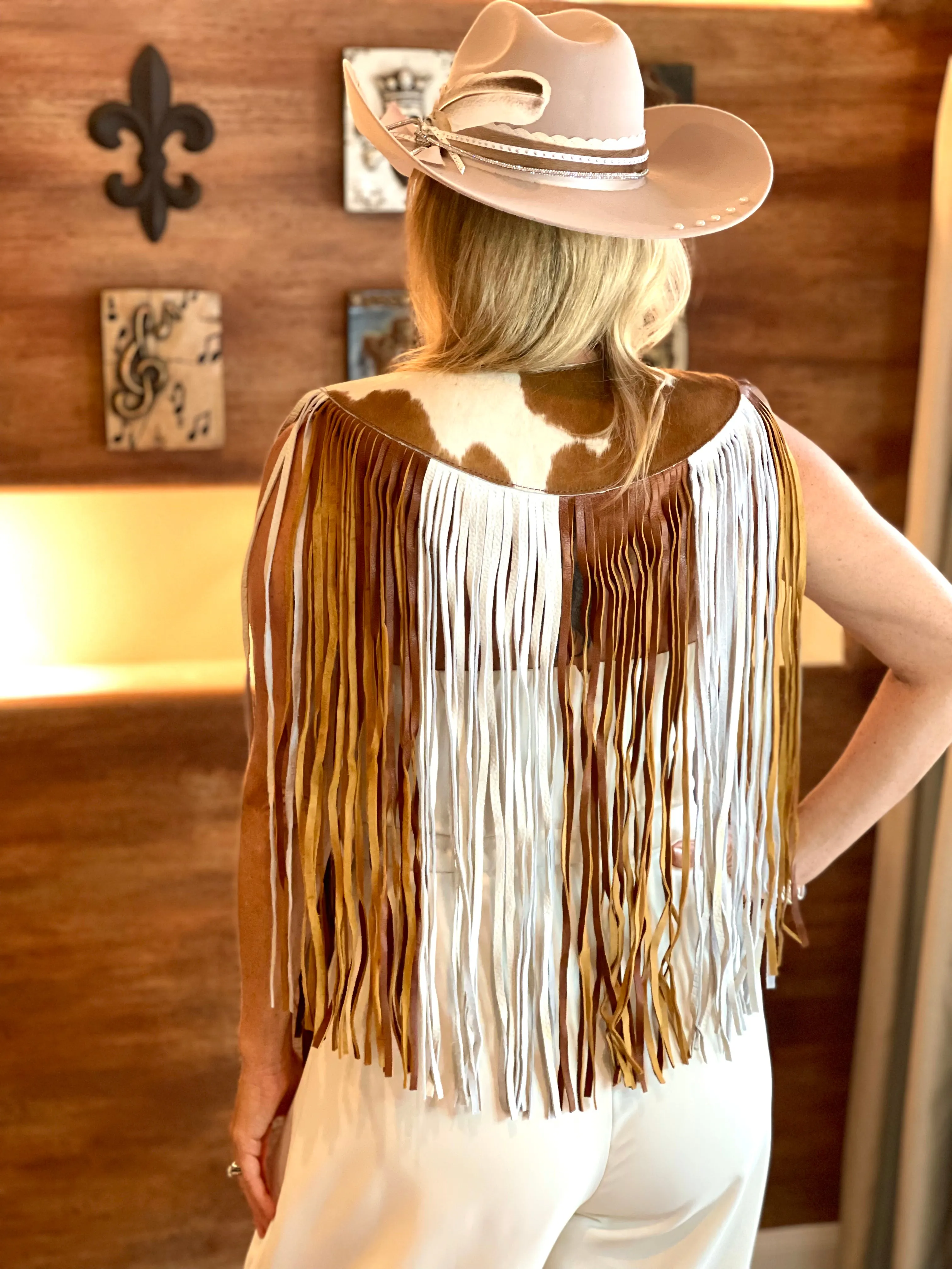 Fringe Leather Cape - White & Brown