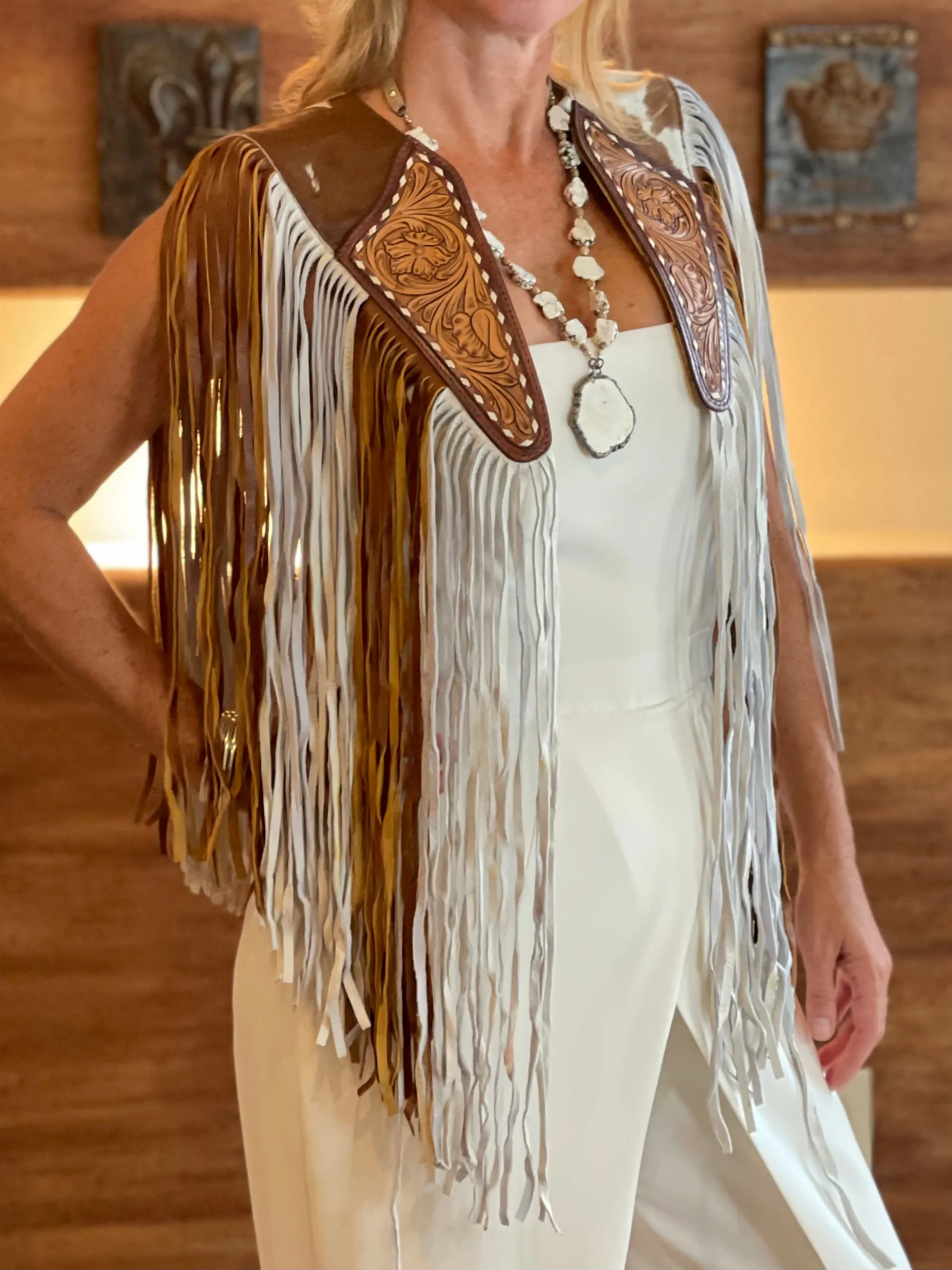 Fringe Leather Cape - White & Brown