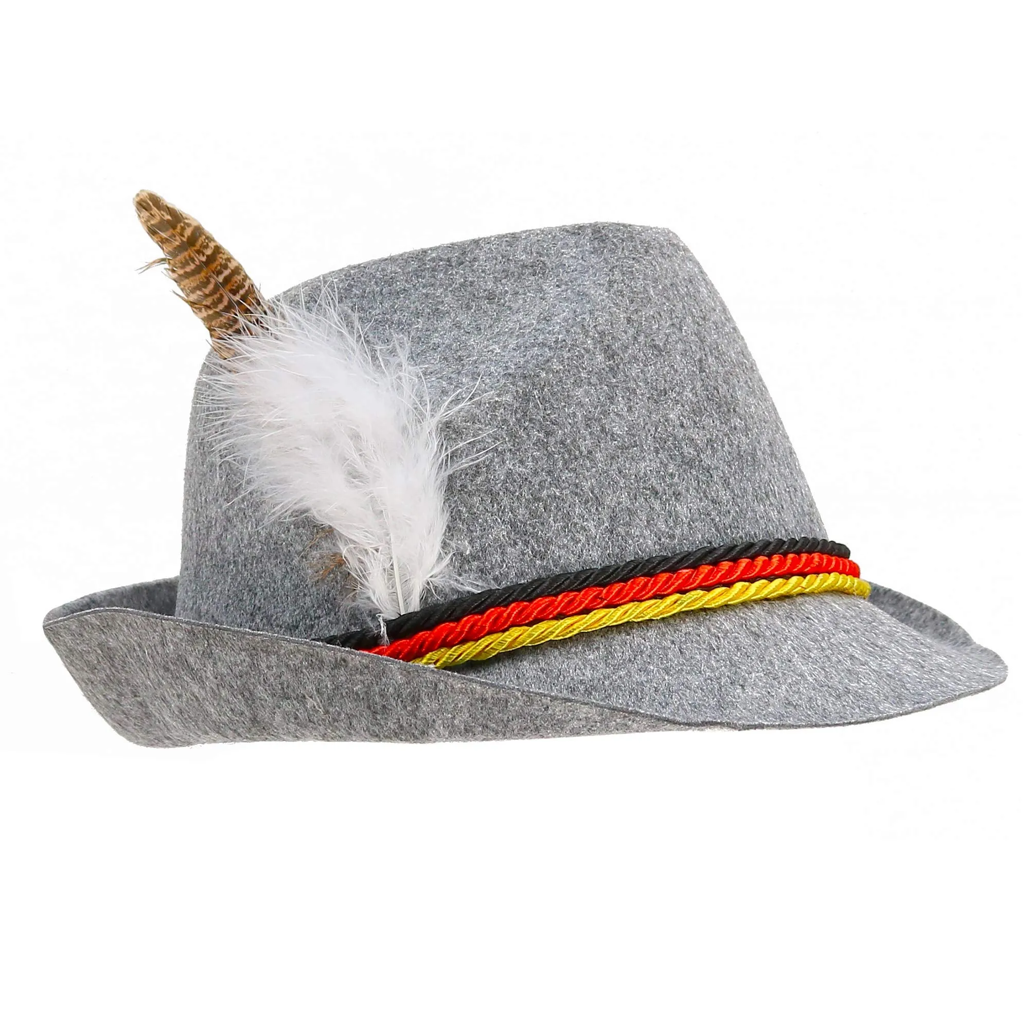 German Oktoberfest Alpine Fedora - Bavarian Swiss Traditional Trachten Felt Costume Hat with Feather for Kids and Adults Grey