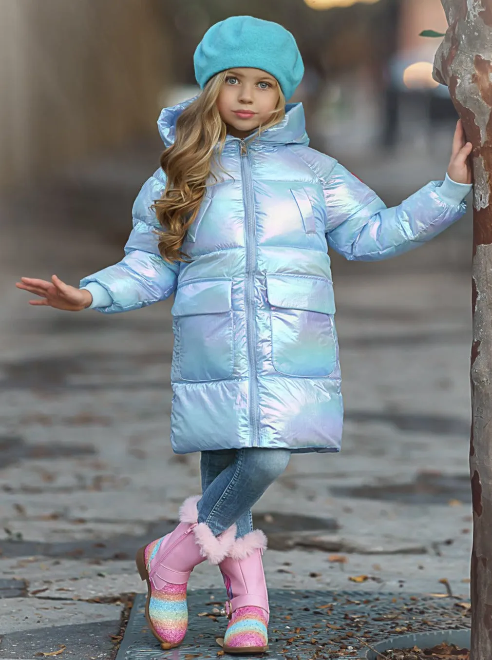 Girls Metallic Puffer Coat