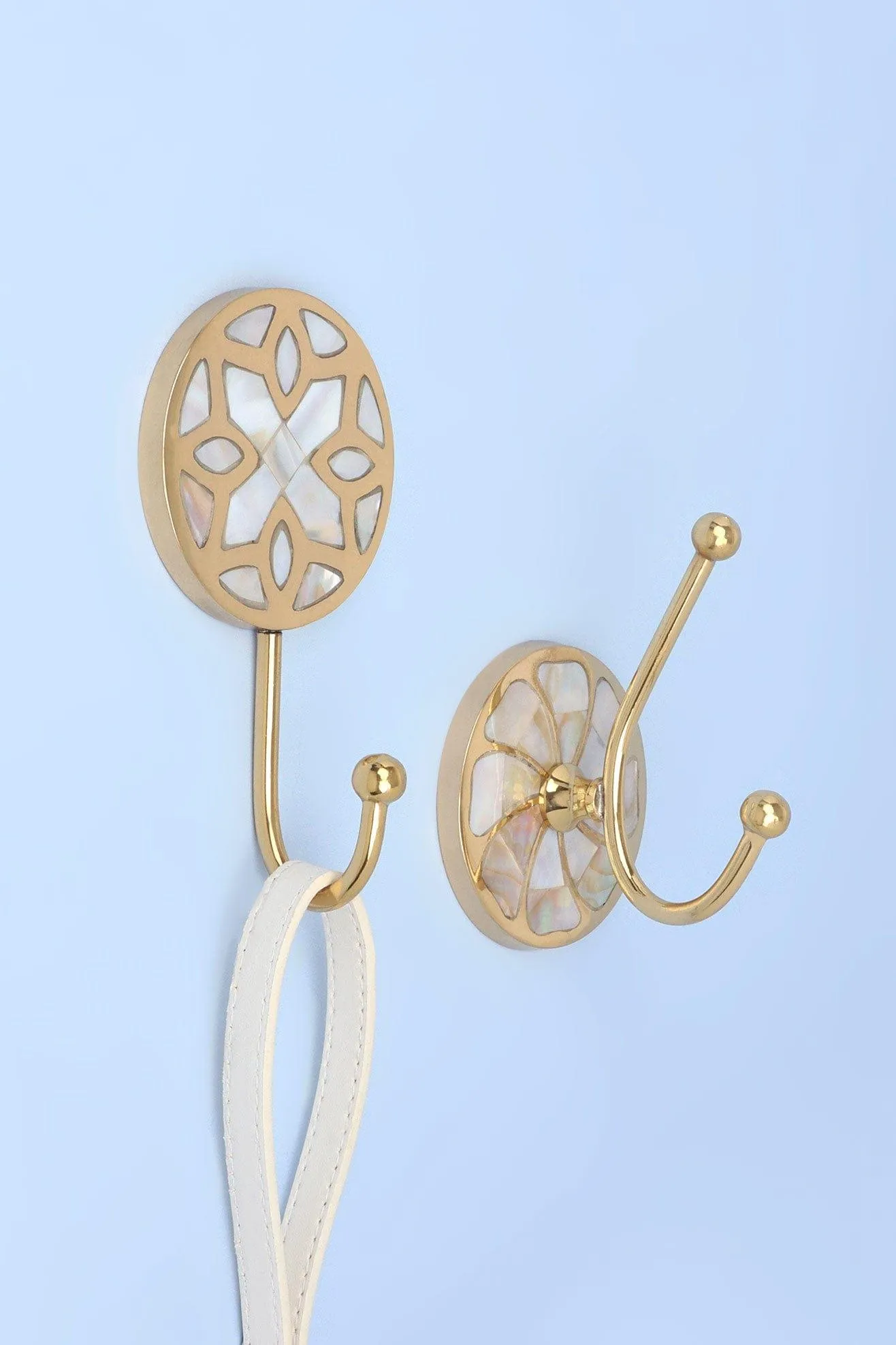 Gold Mother Of Pearl Patterned Brass Coat Hooks