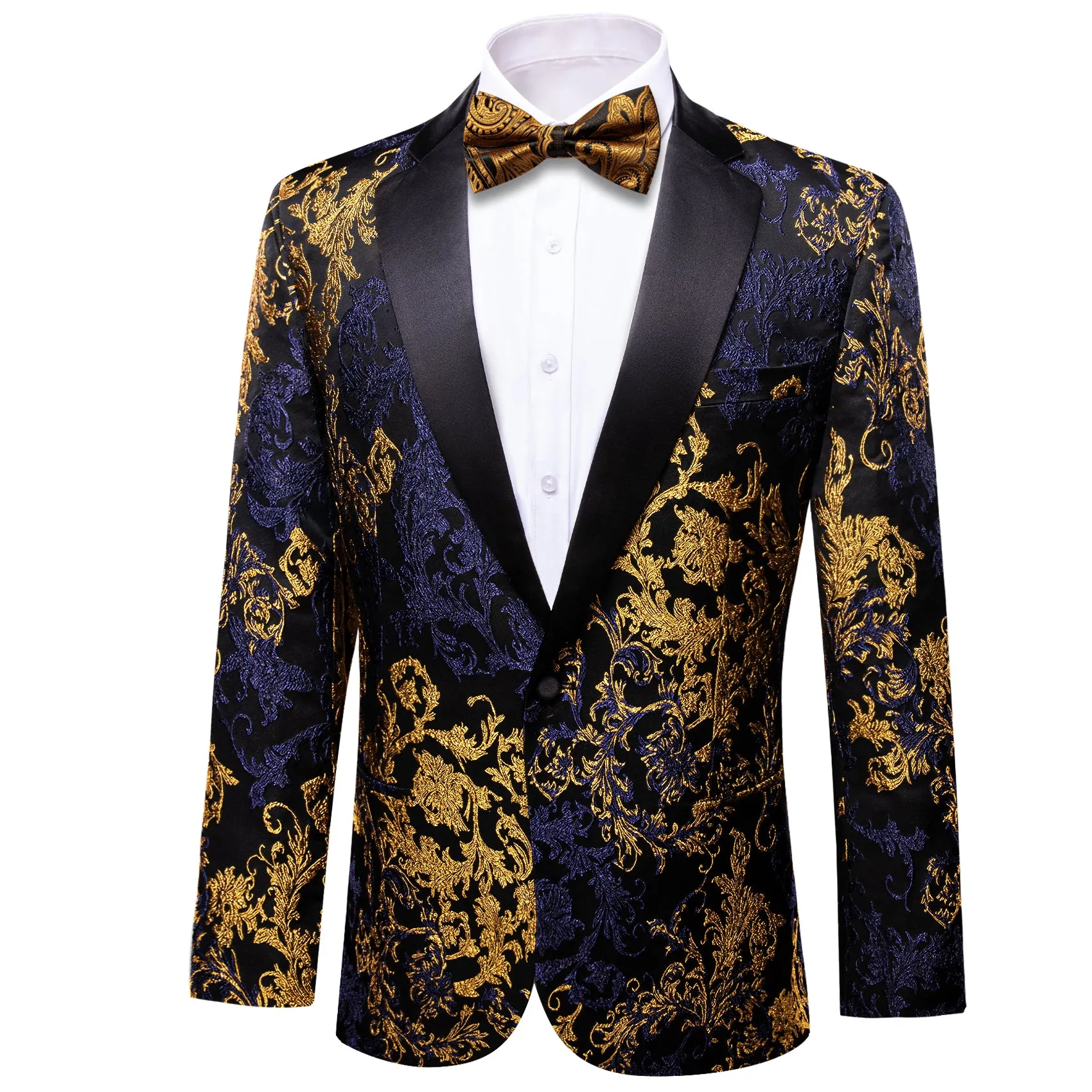 Gold Navy Black Floral Leaf Men's Suit for Party