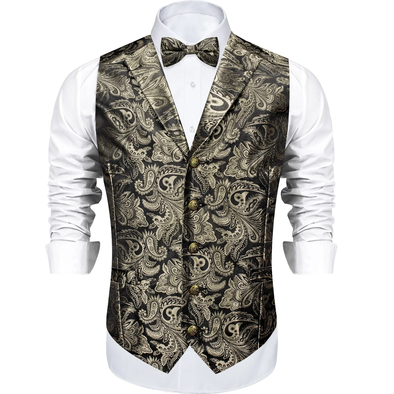 Grey Brown Paisley Silk Men's Collar Vest Bow Tie Handkerchief Cufflinks Set Waistcoat Suit Set