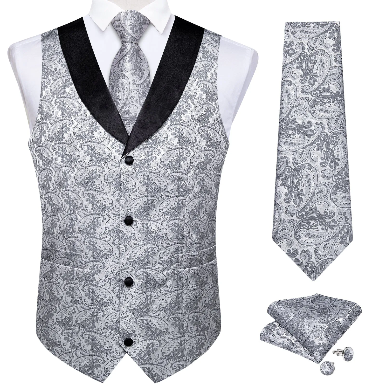 Grey Paisley Black Collar Vest Tie Hanky Cufflinks Set