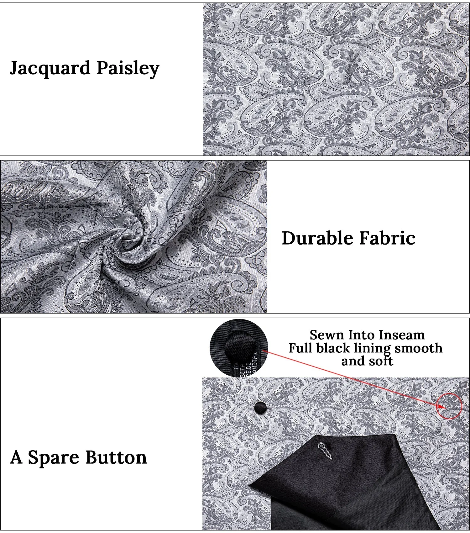 Grey Paisley Black Collar Vest Tie Hanky Cufflinks Set