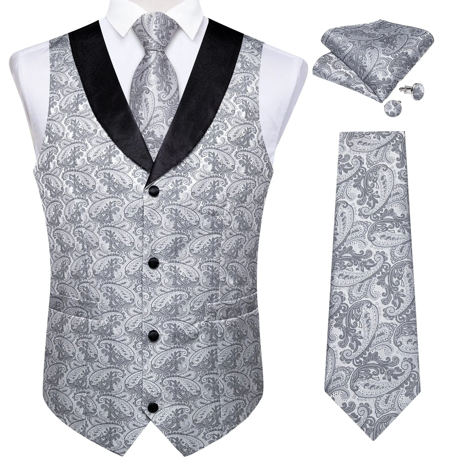 Grey Paisley Black Collar Vest Tie Hanky Cufflinks Set