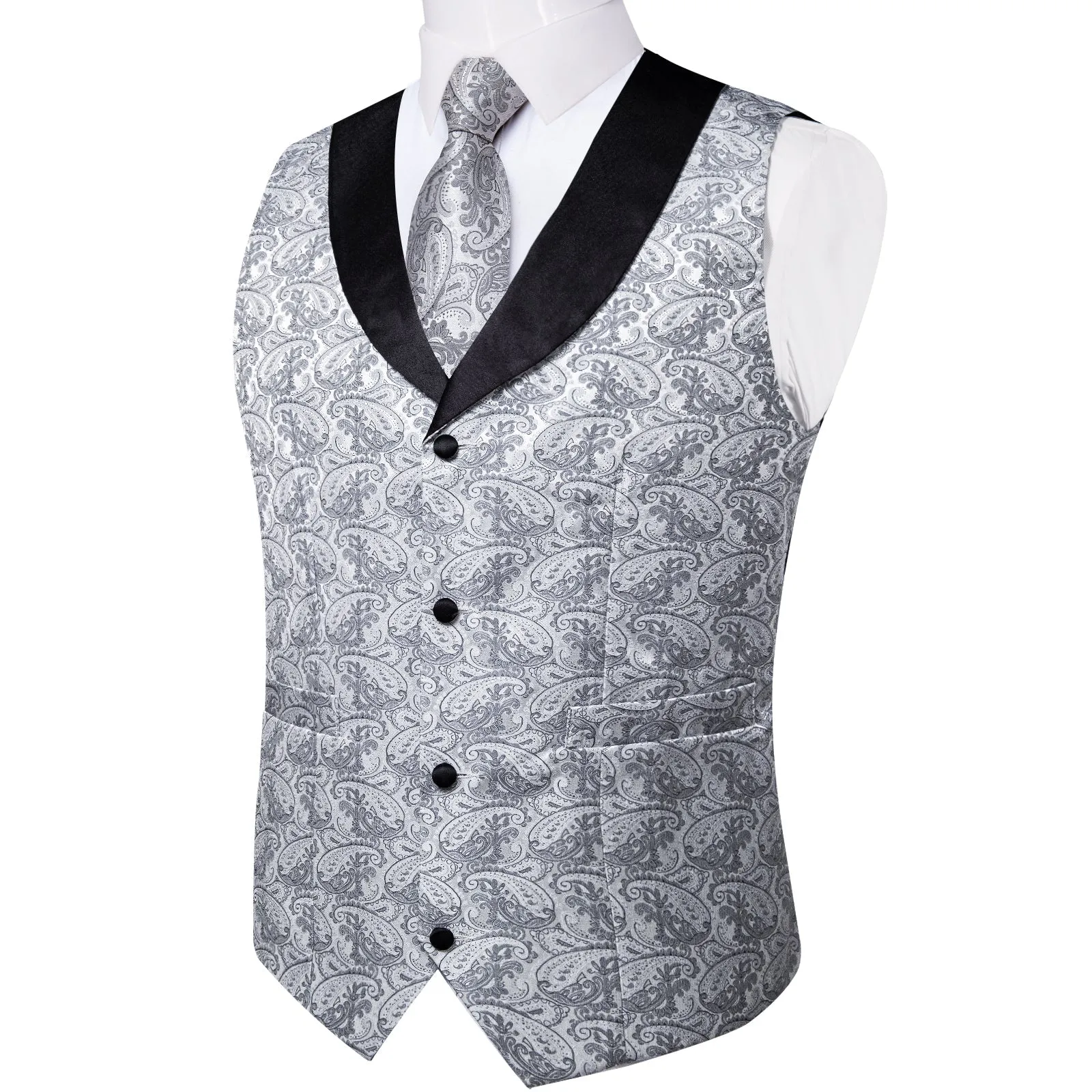 Grey Paisley Black Collar Vest Tie Hanky Cufflinks Set