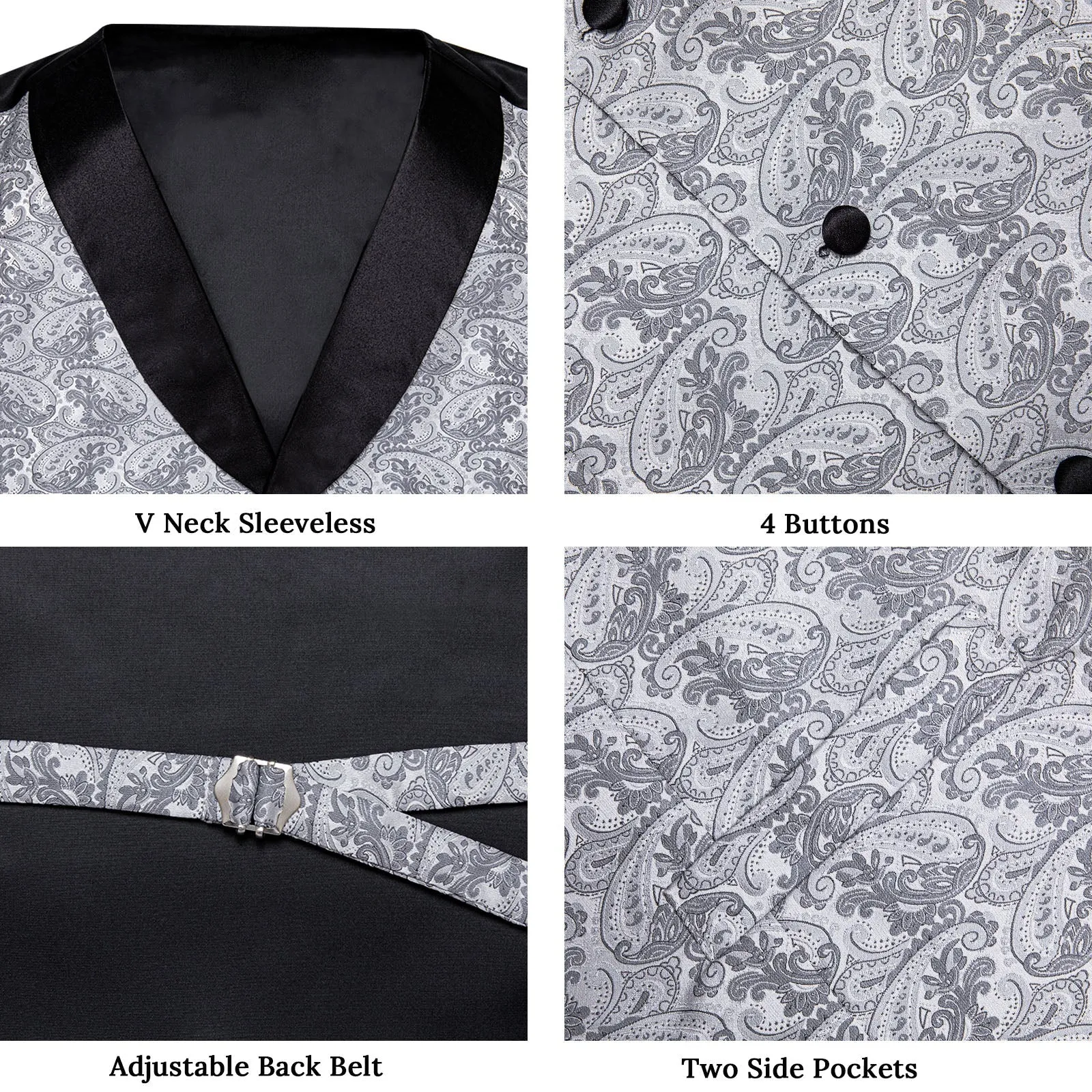 Grey Paisley Black Collar Vest Tie Hanky Cufflinks Set