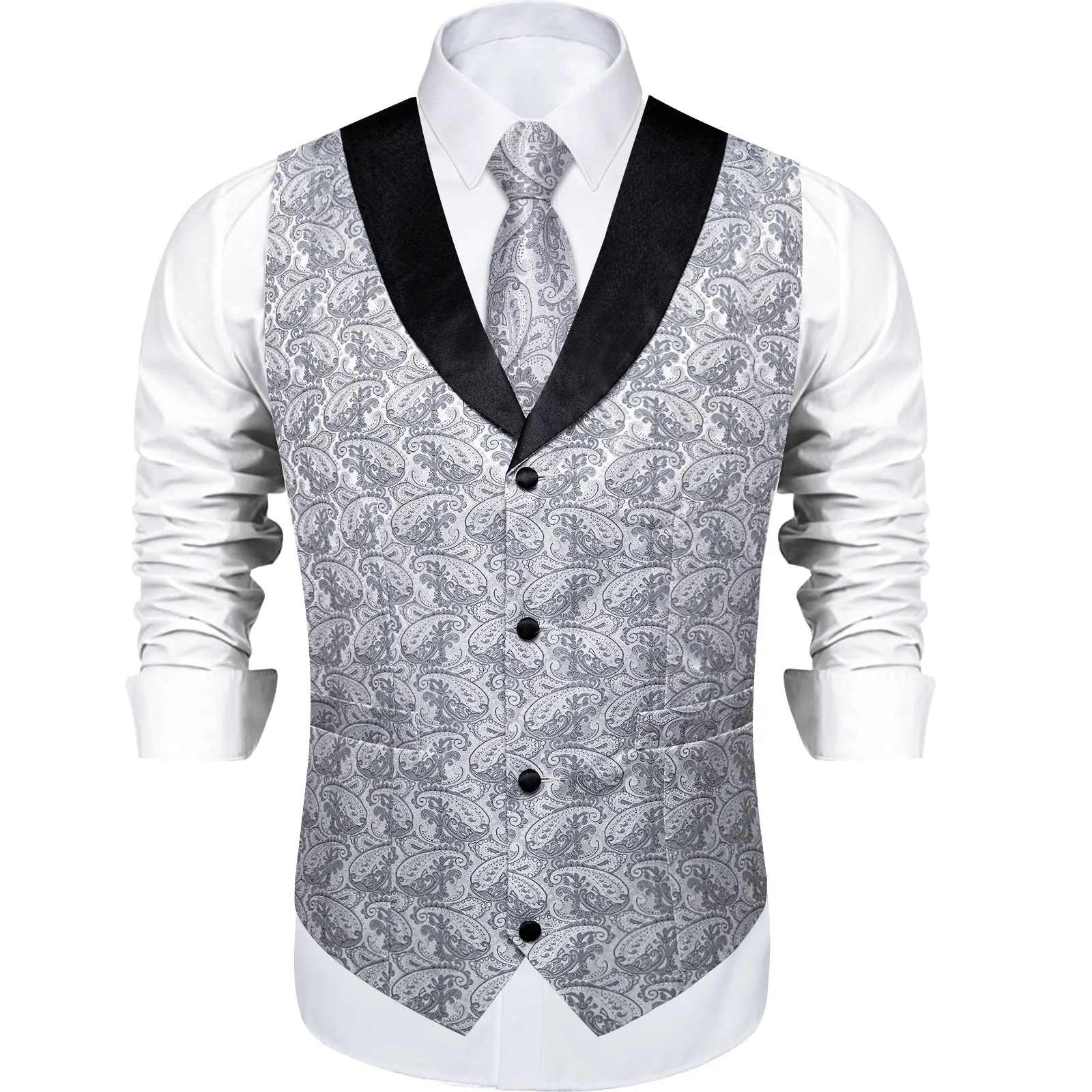 Grey Paisley Black Collar Vest Tie Hanky Cufflinks Set