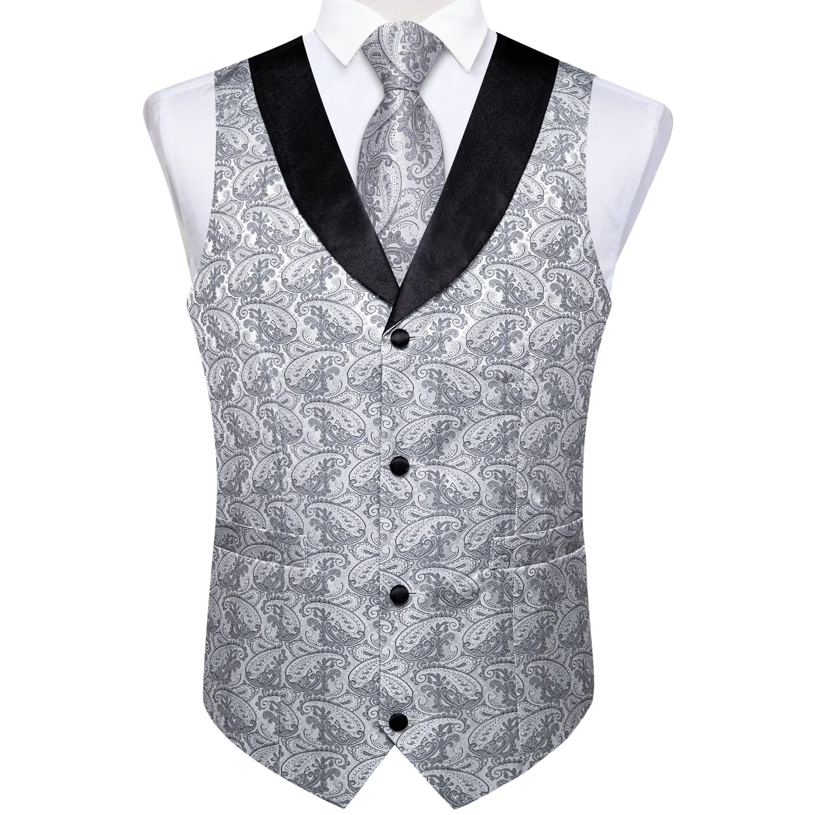 Grey Paisley Black Collar Vest Tie Hanky Cufflinks Set