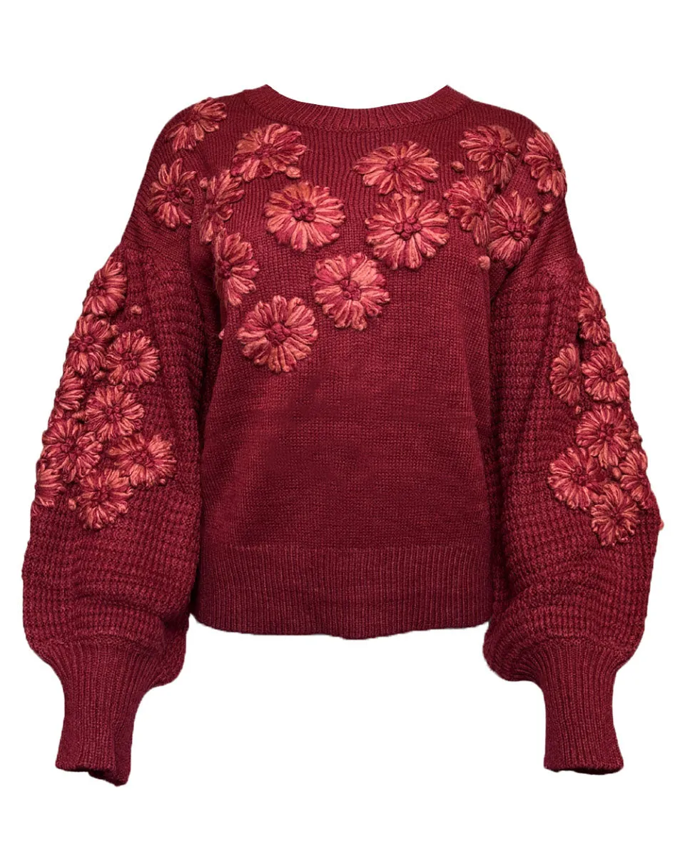 Hand Embroidered Flower Detail Knit Sweater in Crimson